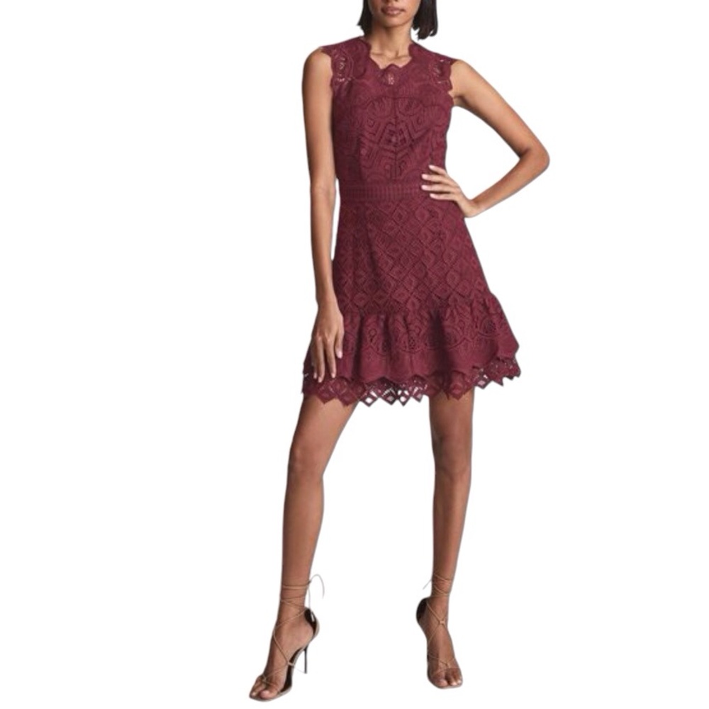 Reiss Burgundy Color Lace Delilah Ruffled Mini Dress Size 6